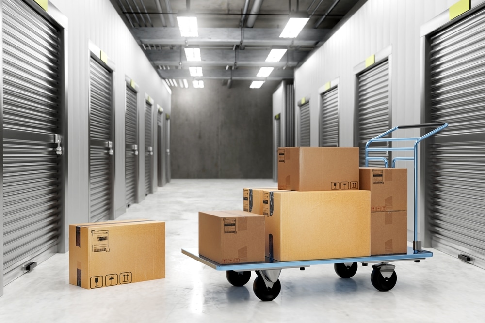 Warehouse,Trolley,With,Boxes.,Parcels,In,Storage,Building.,Warehouse,With