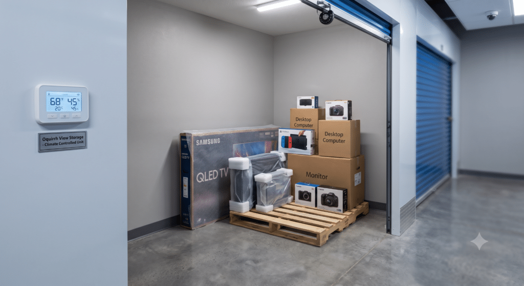 A clean, climate controlled storage unit with neatly packed electronics, computers, and a television stored safely on a wooden pallet off the floor