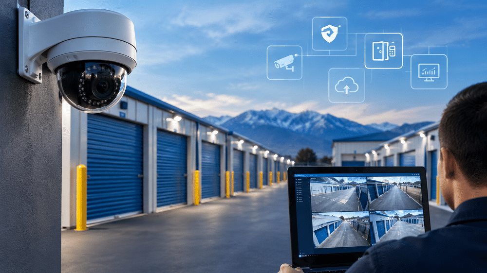 Modern self-storage facility with 24/7 security cameras, digital surveillance monitoring, and secure storage units at dusk.